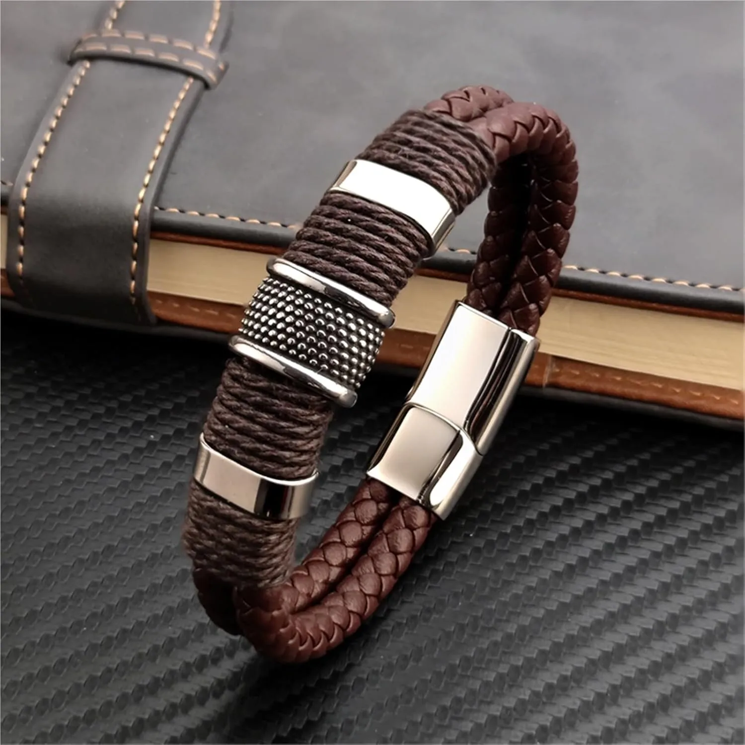 Vintage Multilayer Brown Leather Stainless Steel Men Bracelet Bead Bracelet Jewelry Male Wrist Bangle