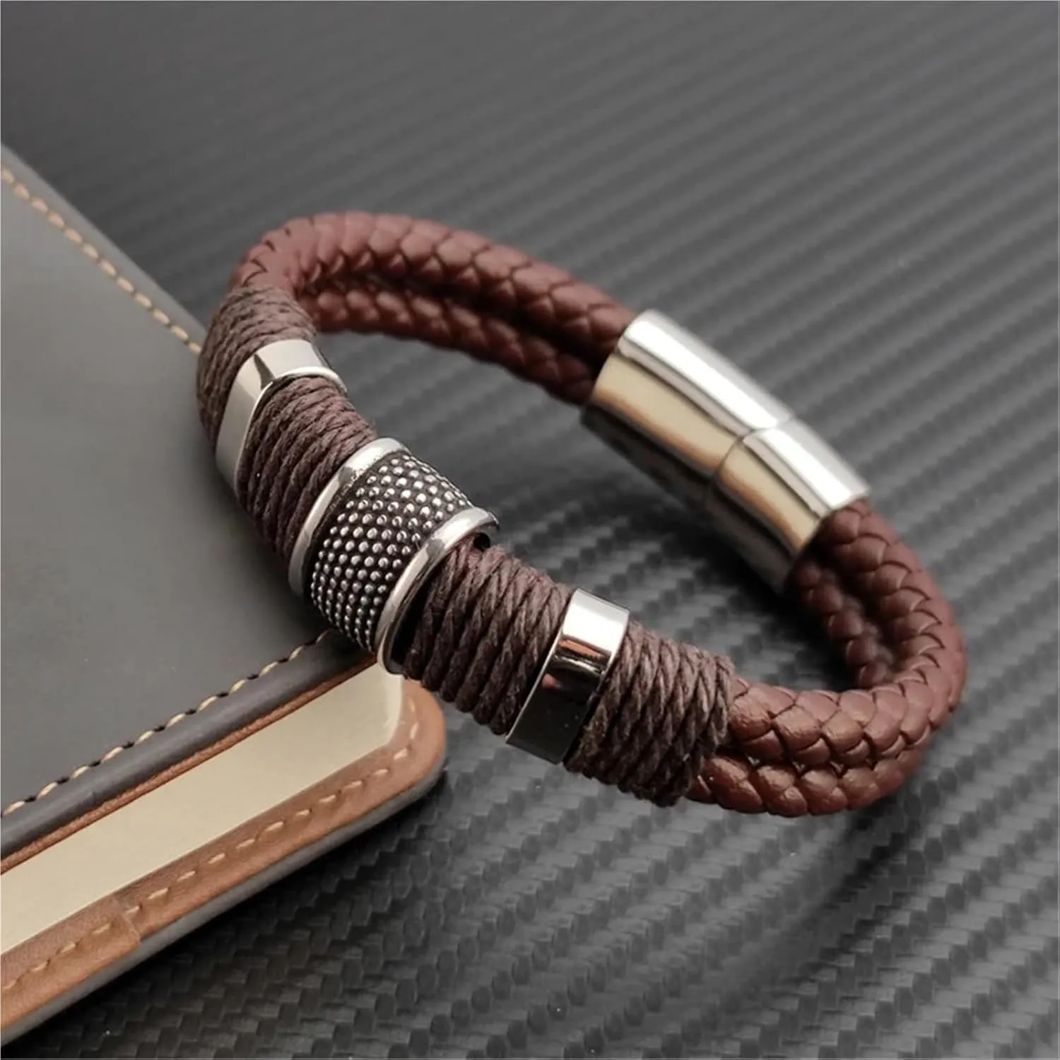 Vintage Multilayer Brown Leather Stainless Steel Men Bracelet Bead Bracelet Jewelry Male Wrist Bangle