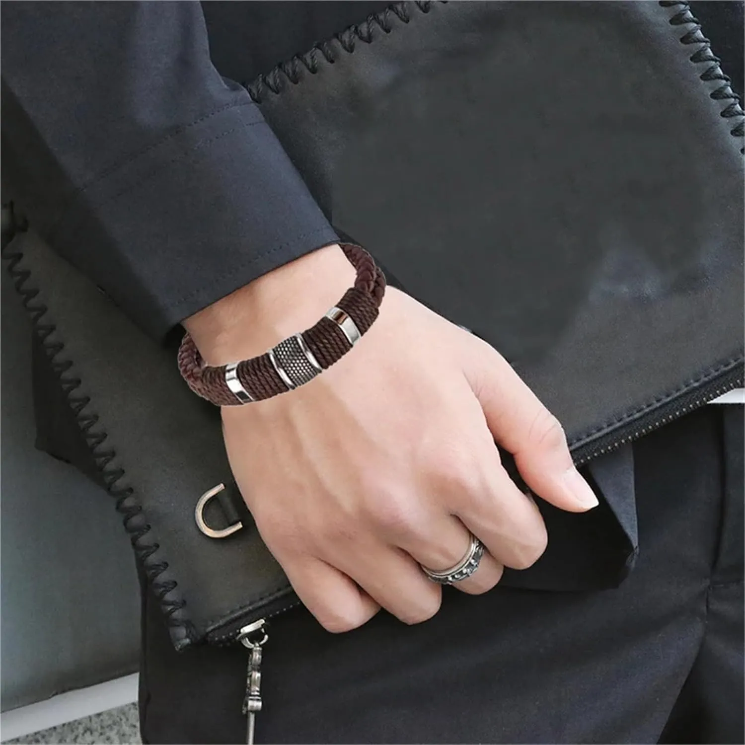 Vintage Multilayer Brown Leather Stainless Steel Men Bracelet Bead Bracelet Jewelry Male Wrist Bangle