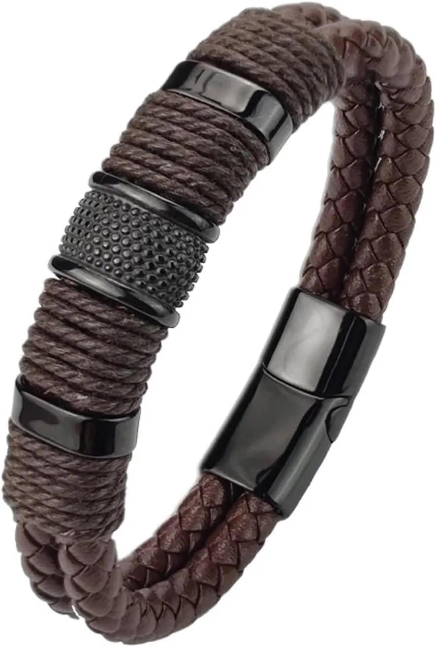 Vintage Multilayer Brown Leather Stainless Steel Men Bracelet Bead Bracelet Jewelry Male Wrist Bangle