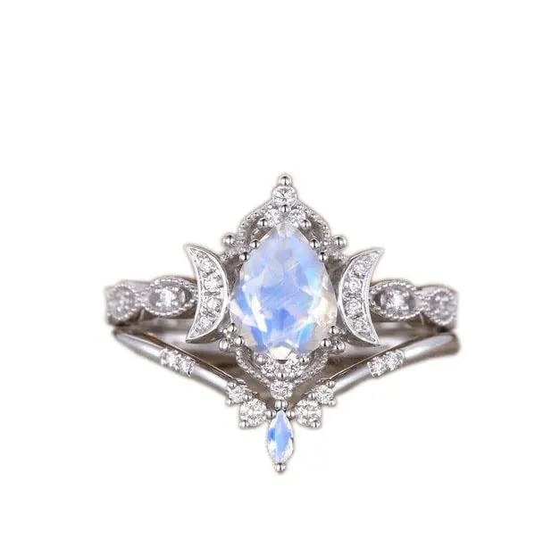 White Moonstone Engagement Ring, Moon Floral Ring, Set Of 2Pcs Ring, 925 Silver Ring, Gold Wedding Ring, Women Engagement Ring, Pear Shaped Moonstone Ring, Cz Diamond Ring, Vintage Ring Women