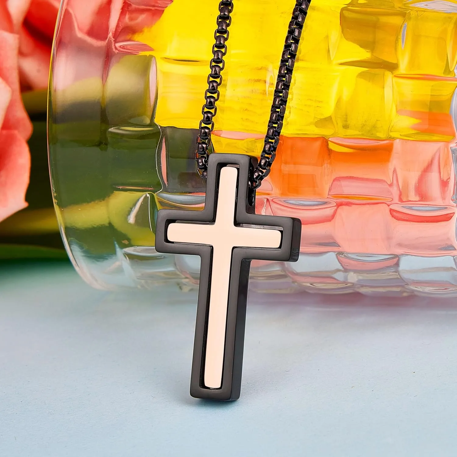Wolentty Couple Cross Necklace Stainless Steel Religious Matching Necklaces for Men Women Gift