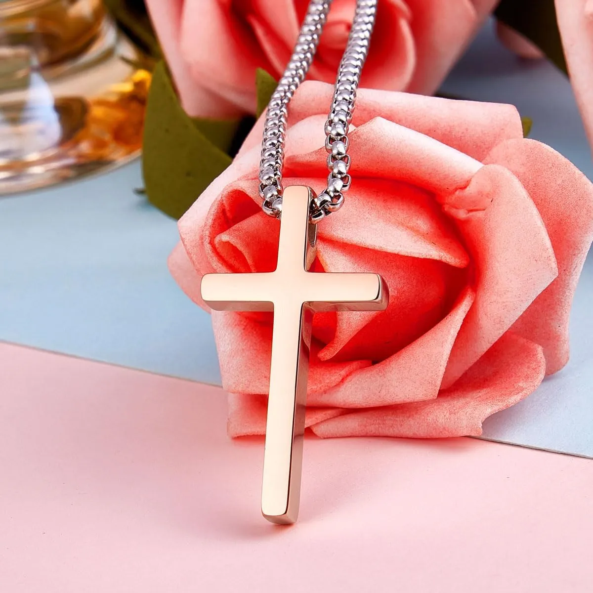 Wolentty Couple Cross Necklace Stainless Steel Religious Matching Necklaces for Men Women Gift