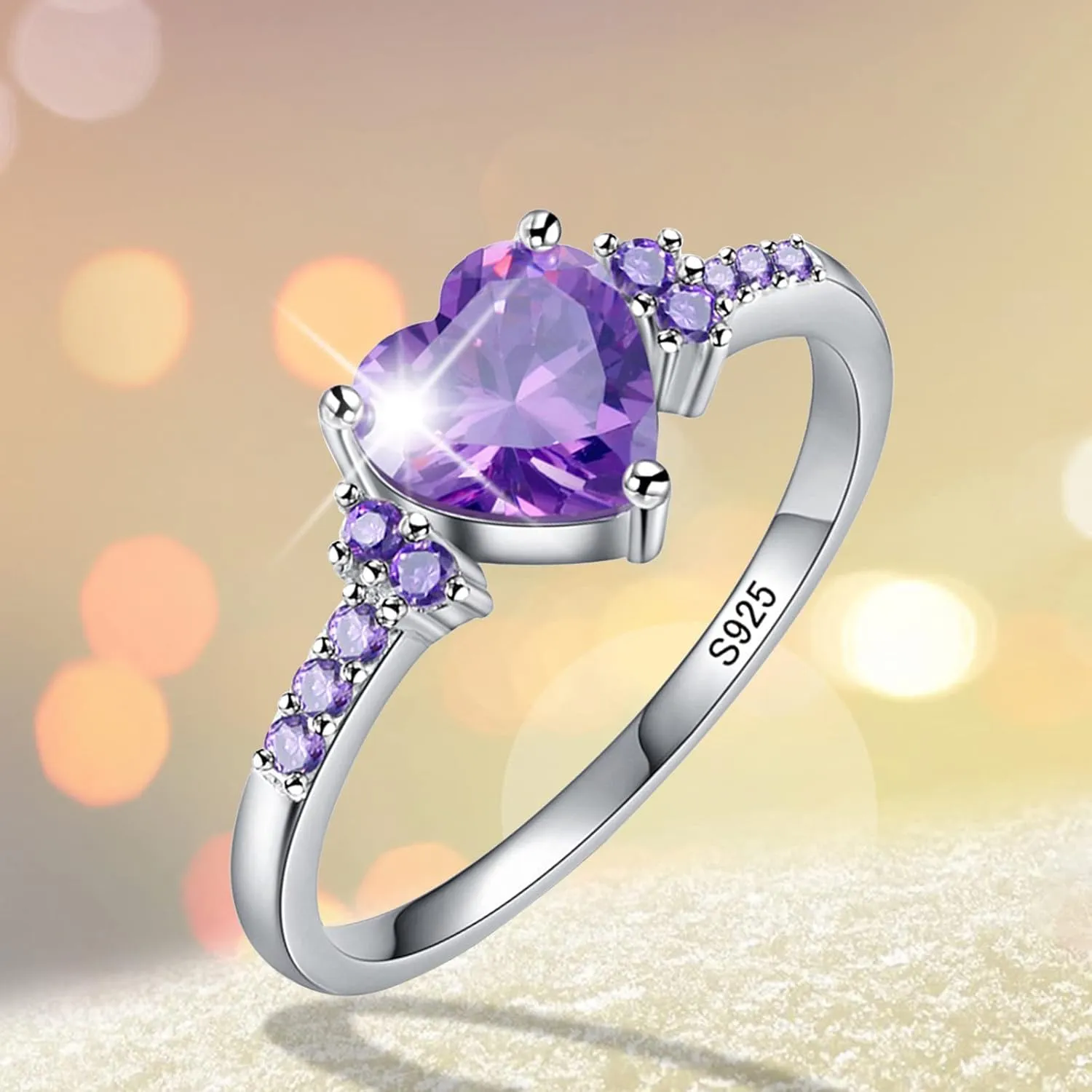 Women Heart Shaped Engagement Rings Inlaid Zircon Anniversary Rings Elegant Exquisite Wedding Jewelry (Purple, 6)