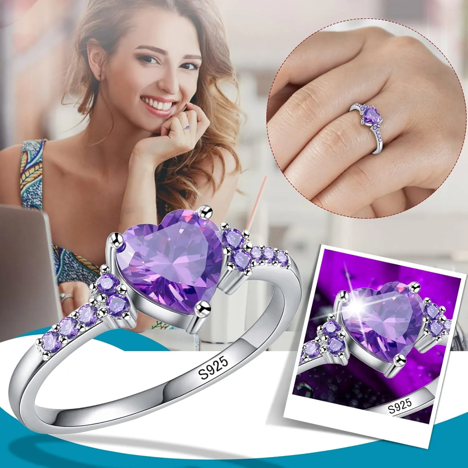 Women Heart Shaped Engagement Rings Inlaid Zircon Anniversary Rings Elegant Exquisite Wedding Jewelry (Purple, 6)