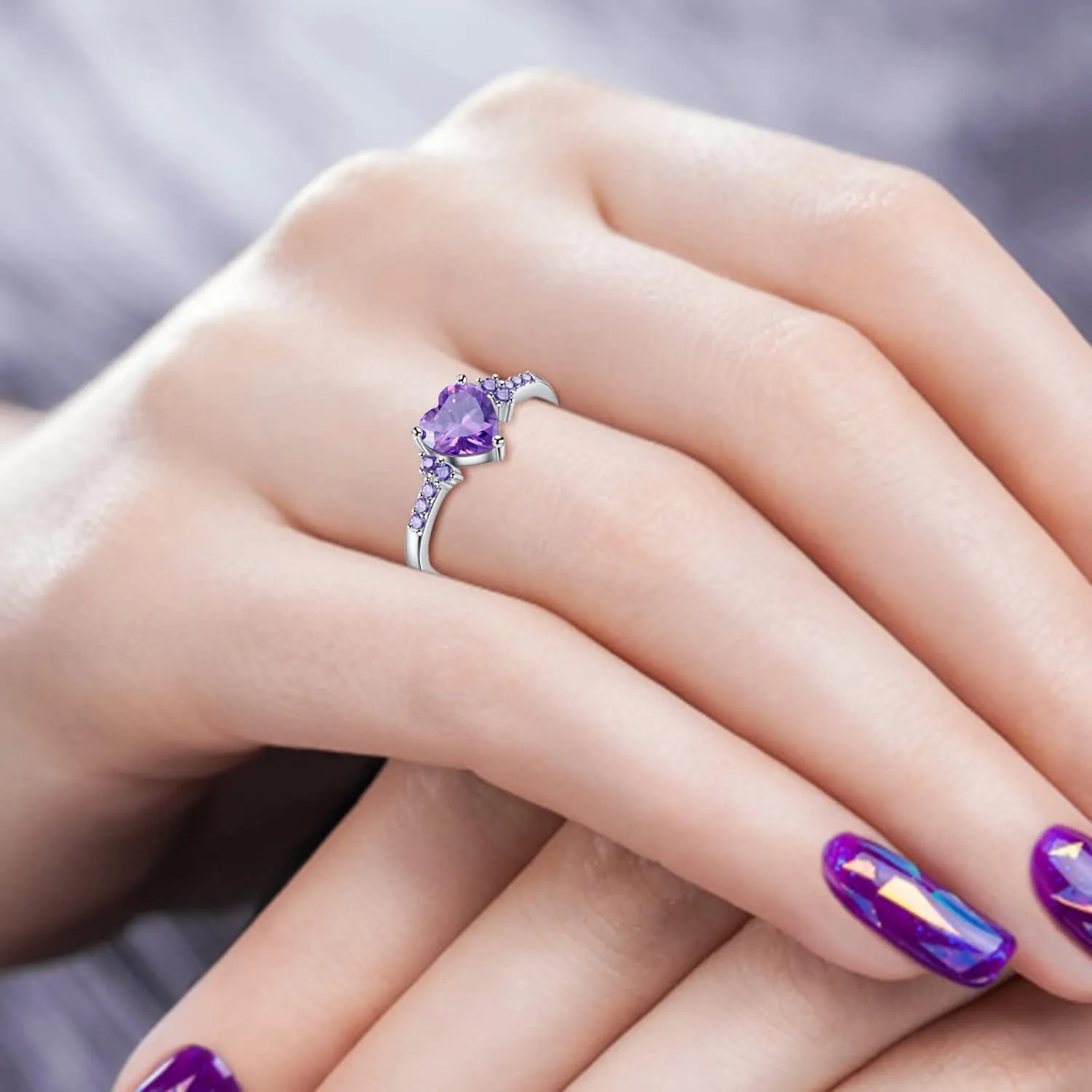 Women Heart Shaped Engagement Rings Inlaid Zircon Anniversary Rings Elegant Exquisite Wedding Jewelry (Purple, 6)