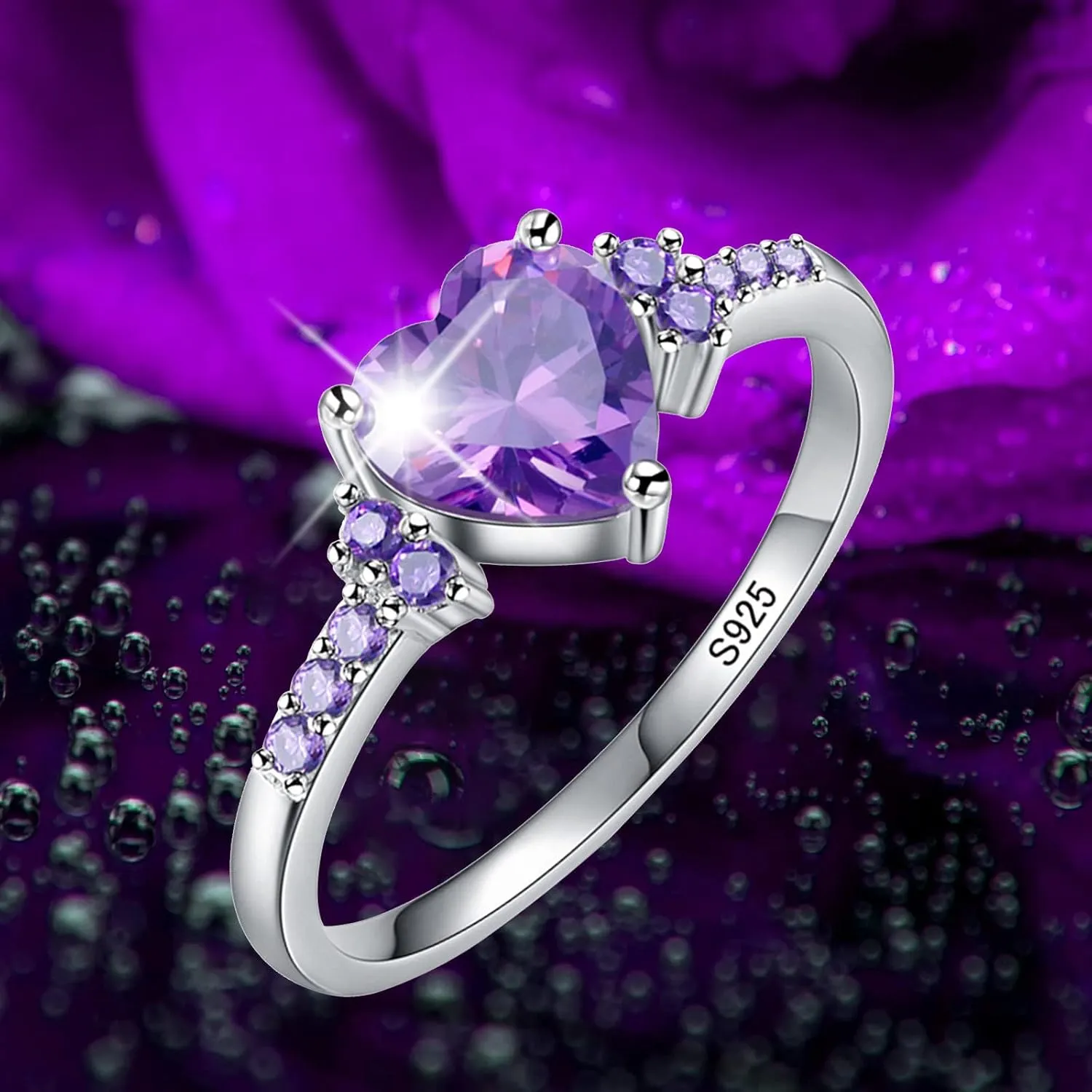 Women Heart Shaped Engagement Rings Inlaid Zircon Anniversary Rings Elegant Exquisite Wedding Jewelry (Purple, 6)