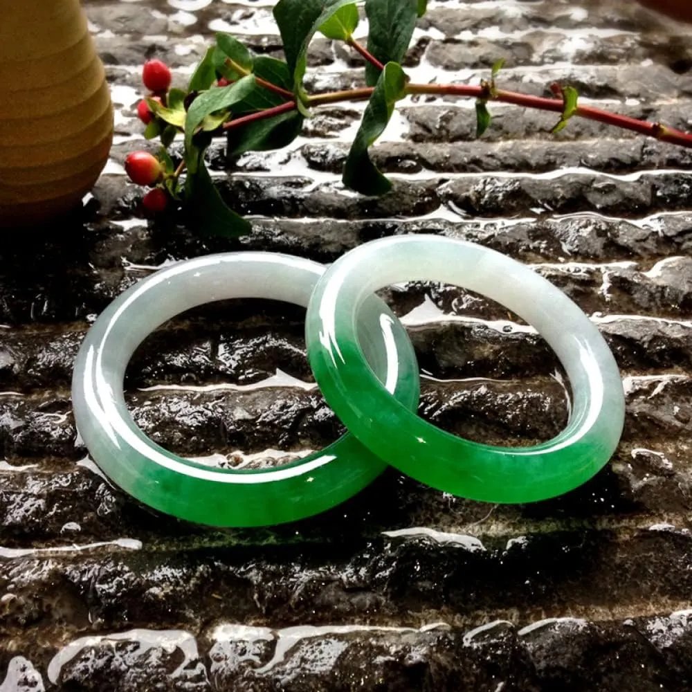 Women's Bracelet, Ladies Jade Bangle Bracelet, Translucent Color Jade Bangle, Half White and Half Green Floating Flower Jade Bangle, 53-64mm, The for Family, for Friends, with Jewelry Box, 2PC,57-58mm