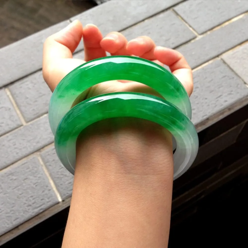 Women's Bracelet, Ladies Jade Bangle Bracelet, Translucent Color Jade Bangle, Half White and Half Green Floating Flower Jade Bangle, 53-64mm, The for Family, for Friends, with Jewelry Box, 2PC,57-58mm