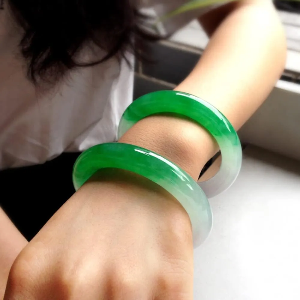 Women's Bracelet, Ladies Jade Bangle Bracelet, Translucent Color Jade Bangle, Half White and Half Green Floating Flower Jade Bangle, 53-64mm, The for Family, for Friends, with Jewelry Box, 2PC,57-58mm