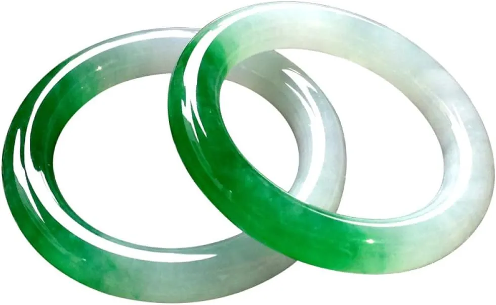 Women's Bracelet, Ladies Jade Bangle Bracelet, Translucent Color Jade Bangle, Half White and Half Green Floating Flower Jade Bangle, 53-64mm, The for Family, for Friends, with Jewelry Box, 2PC,57-58mm