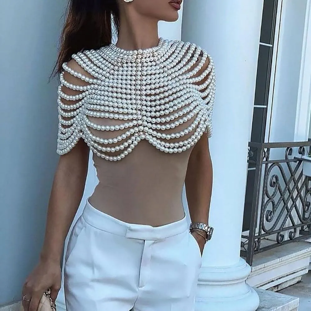 Women's Pearl Shoulder Necklaces Pearl Body Chain Delicate Gowns Matching Body Accessories