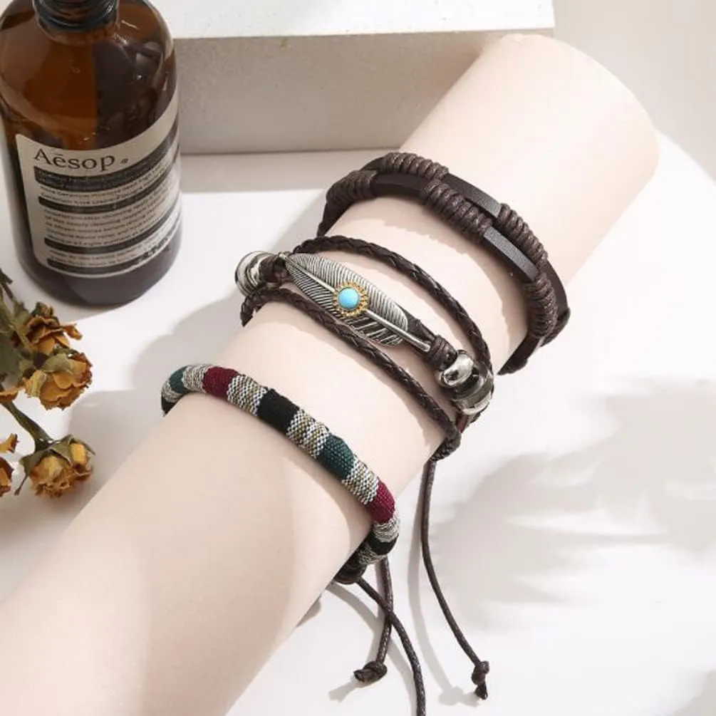 Woven Turquoise Feather Faux Leather Bracelet Creative Hemp Rope Woven Men's Leather Bracelet